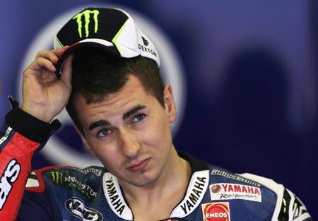 Yamaha MotoGP rider Jorge Lorenzo of Spain is seen in his garage during the first free practice session of the Spanish Grand Prix in Jerez de la Frontera, southern Spain, May 3, 2013. REUTERS/Marcelo del Pozo