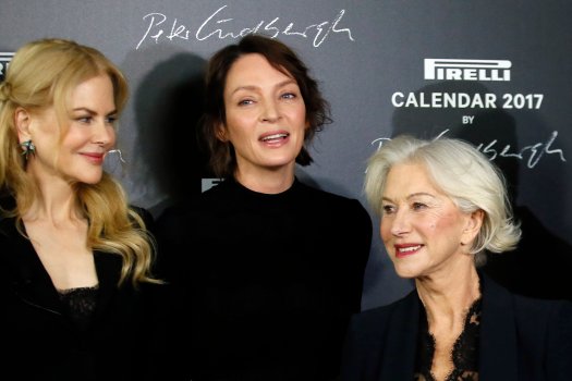 Actresses Nicole Kidman, Uma Thurman and Helen Mirren, from left to right, pose during a photocall to unveil the Pirelli 2017 calendar in Paris, Tuesday, Nov. 29, 2016. (AP Photo/Francois Mori)